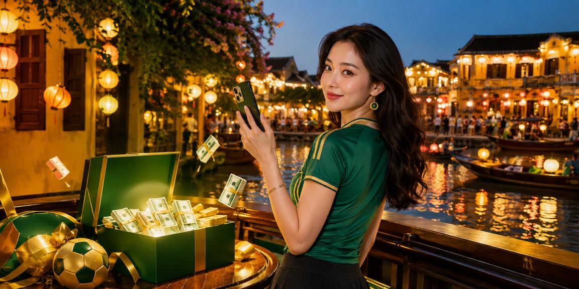 Người dùng truy cập casino trực tuyến re6 trên điện thoại tại Hội An với đèn lồng lung linh
