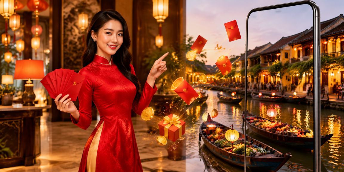 Không khí lễ hội Hội An với áo dài và phong bao đỏ, gắn với ưu đãi tiền thưởng trên re6